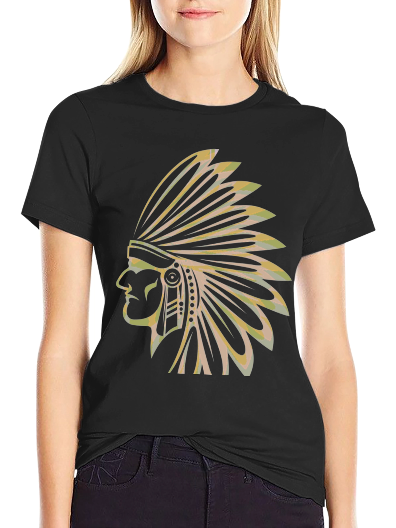 Mens Black T-Shirt with Native American Chief Graphic