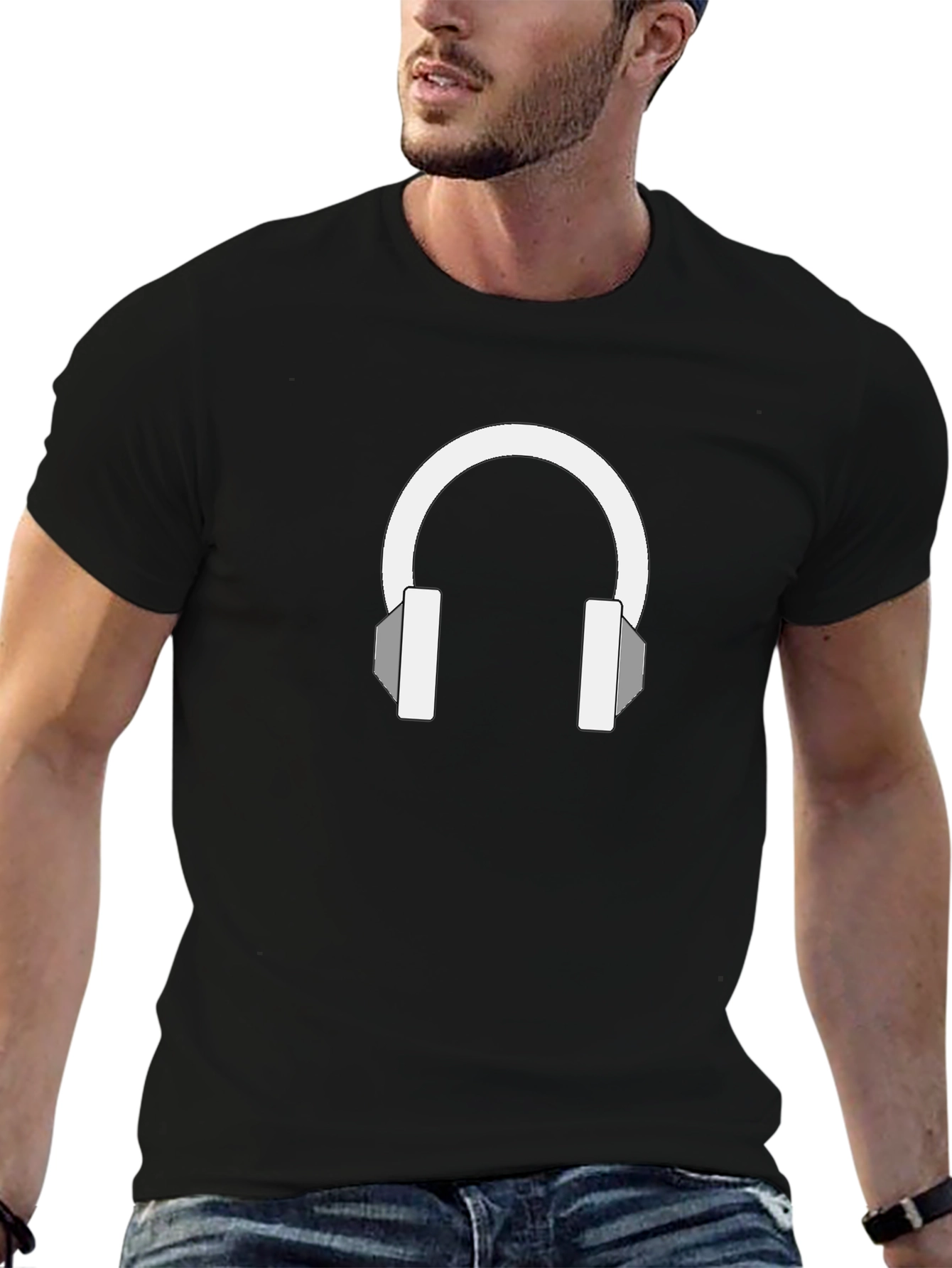 Black T-Shirt with Headphones Graphic