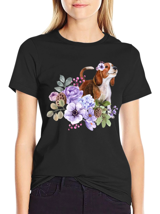 Floral Beagle Dog Graphic T-Shirt
