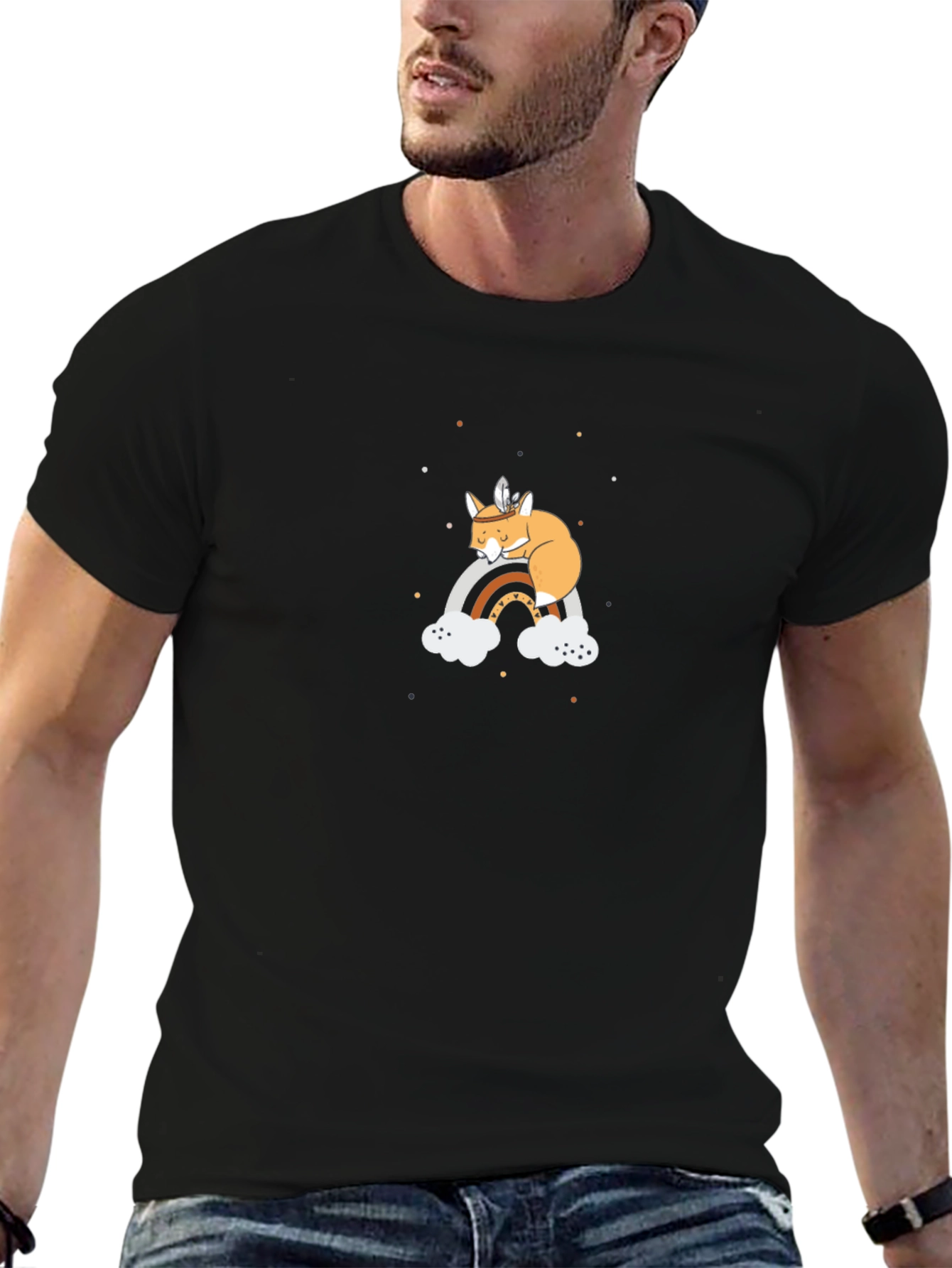 Dreamy Fox on Rainbow Black T-Shirt