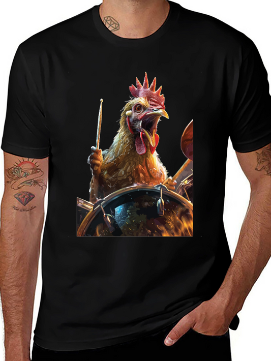 Drummer Chicken T-Shirt - Black Cotton Tee