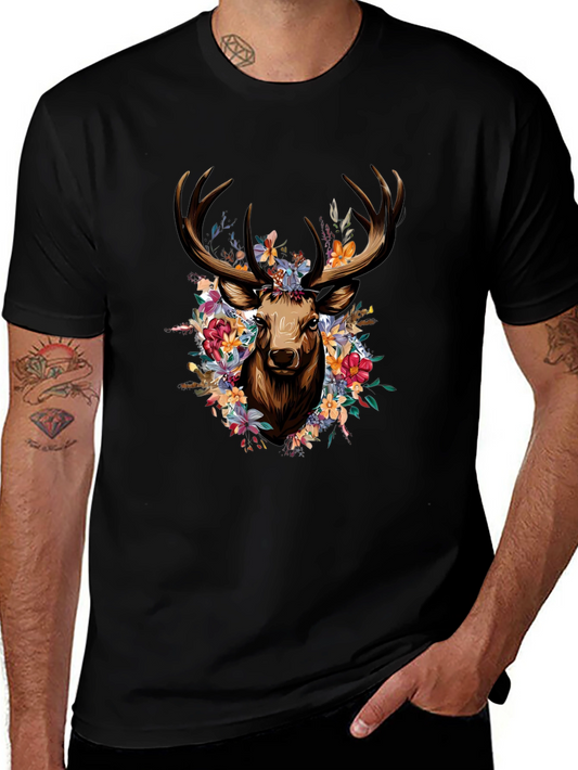 Floral Deer Graphic Tee - Stylish Black T-Shirt
