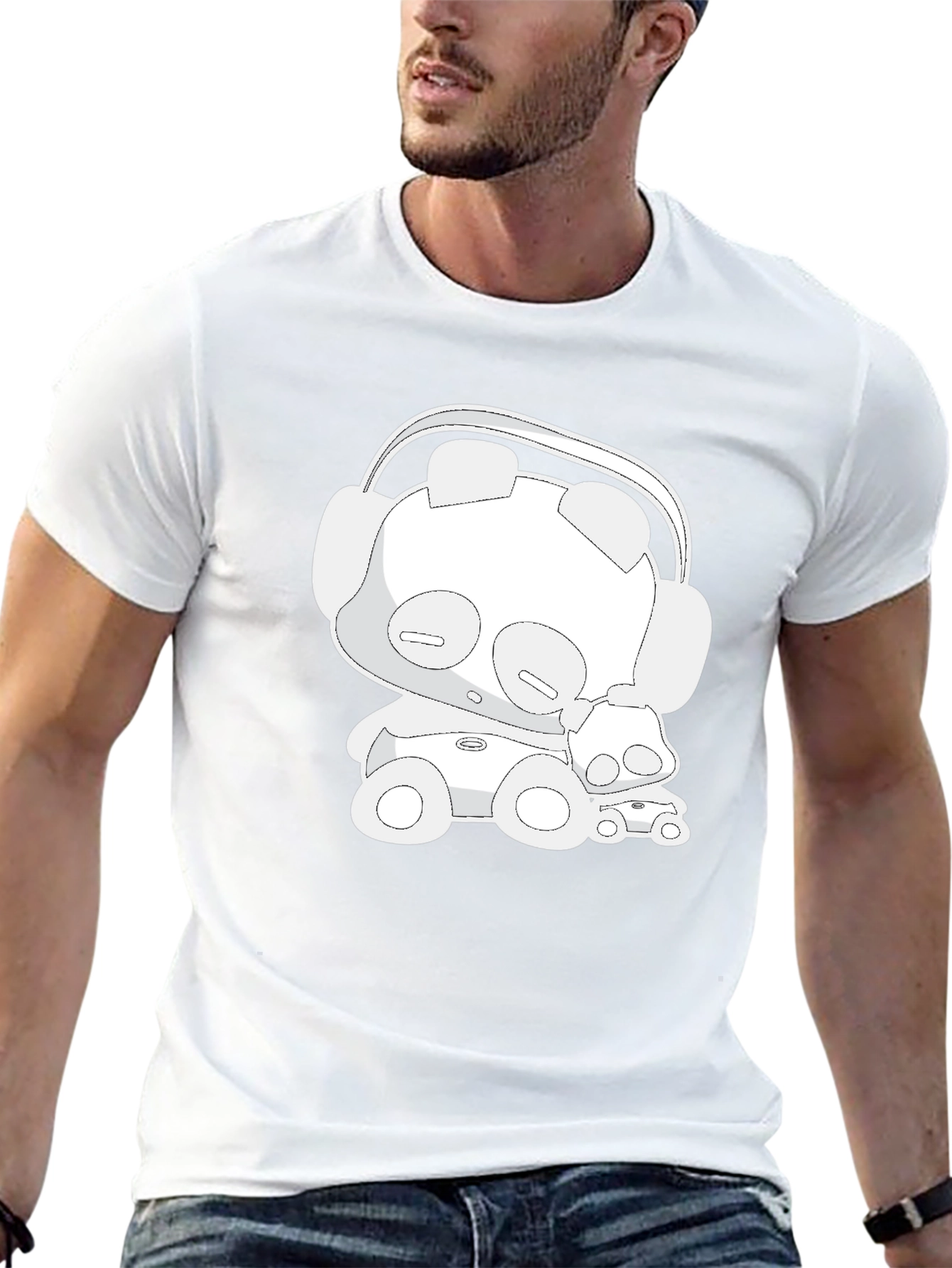 Cartoon Bear Headphones Black T-Shirt