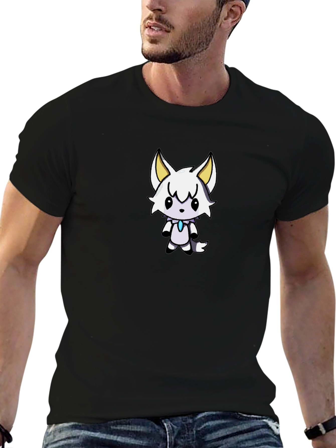 Cute White Wolf Graphic Black T-Shirt