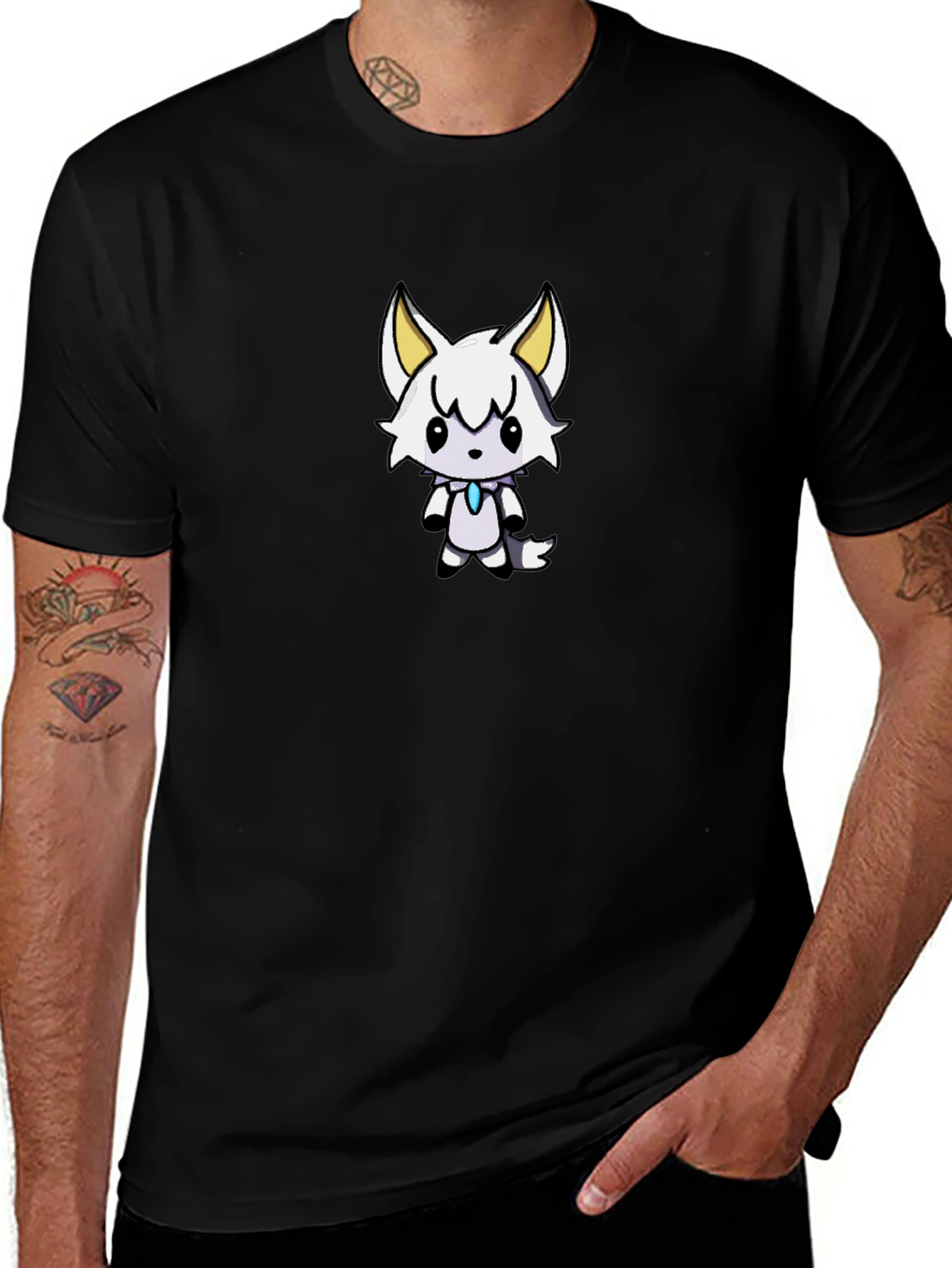Cute White Wolf Graphic Black T-Shirt