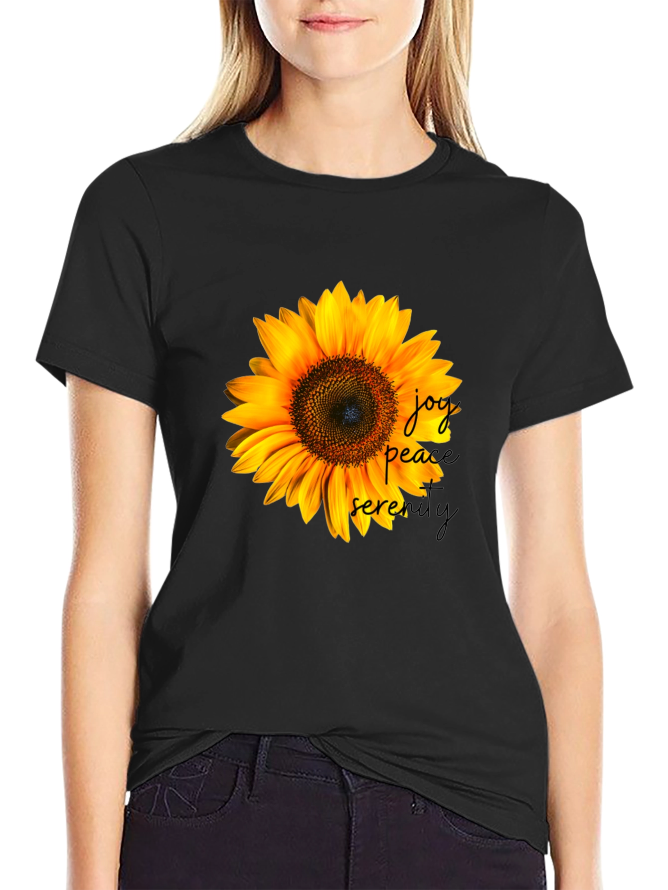 Sunflower Joy Peace Serenity Black T-Shirt