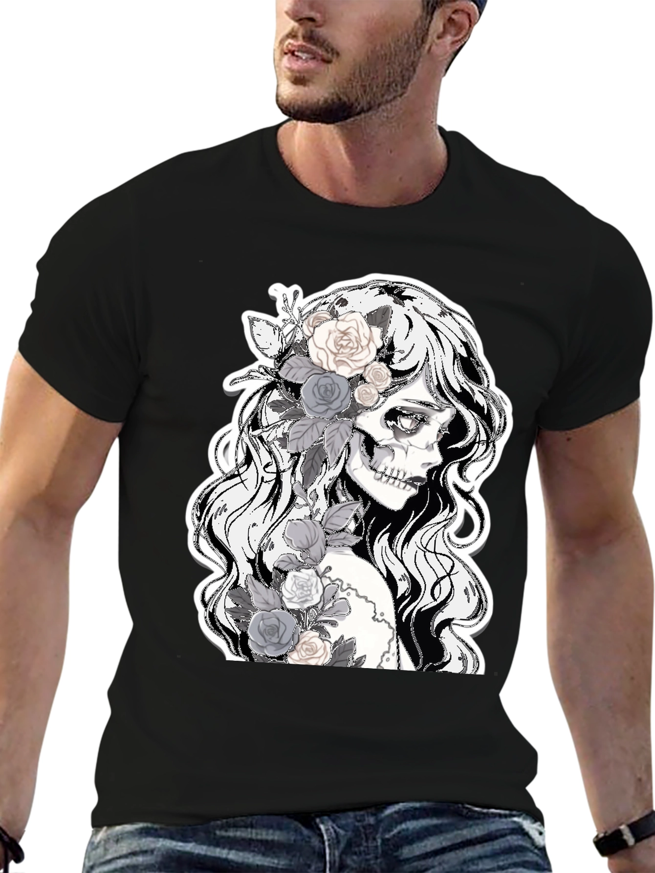 Floral Skull Graphic Tee - Dark Fashion