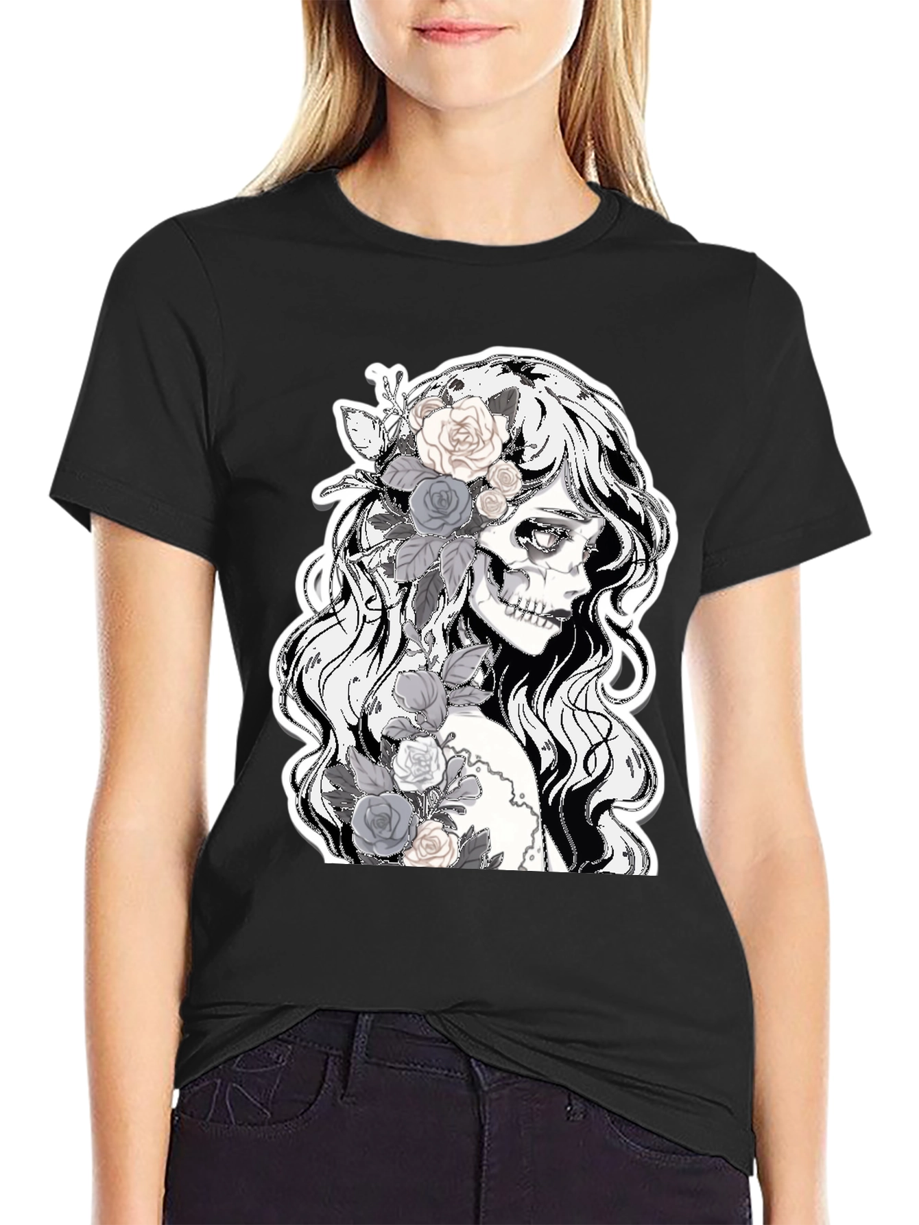 Floral Skull Graphic Tee - Dark Fashion