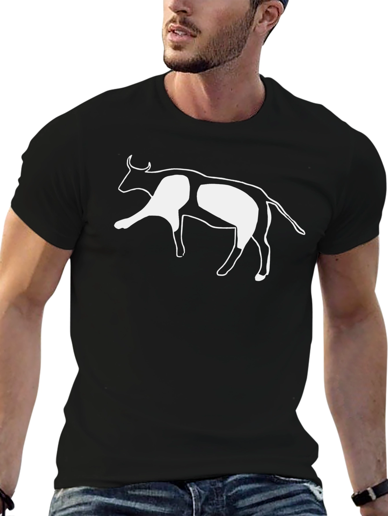 Black T-Shirt with White Cow Graphic