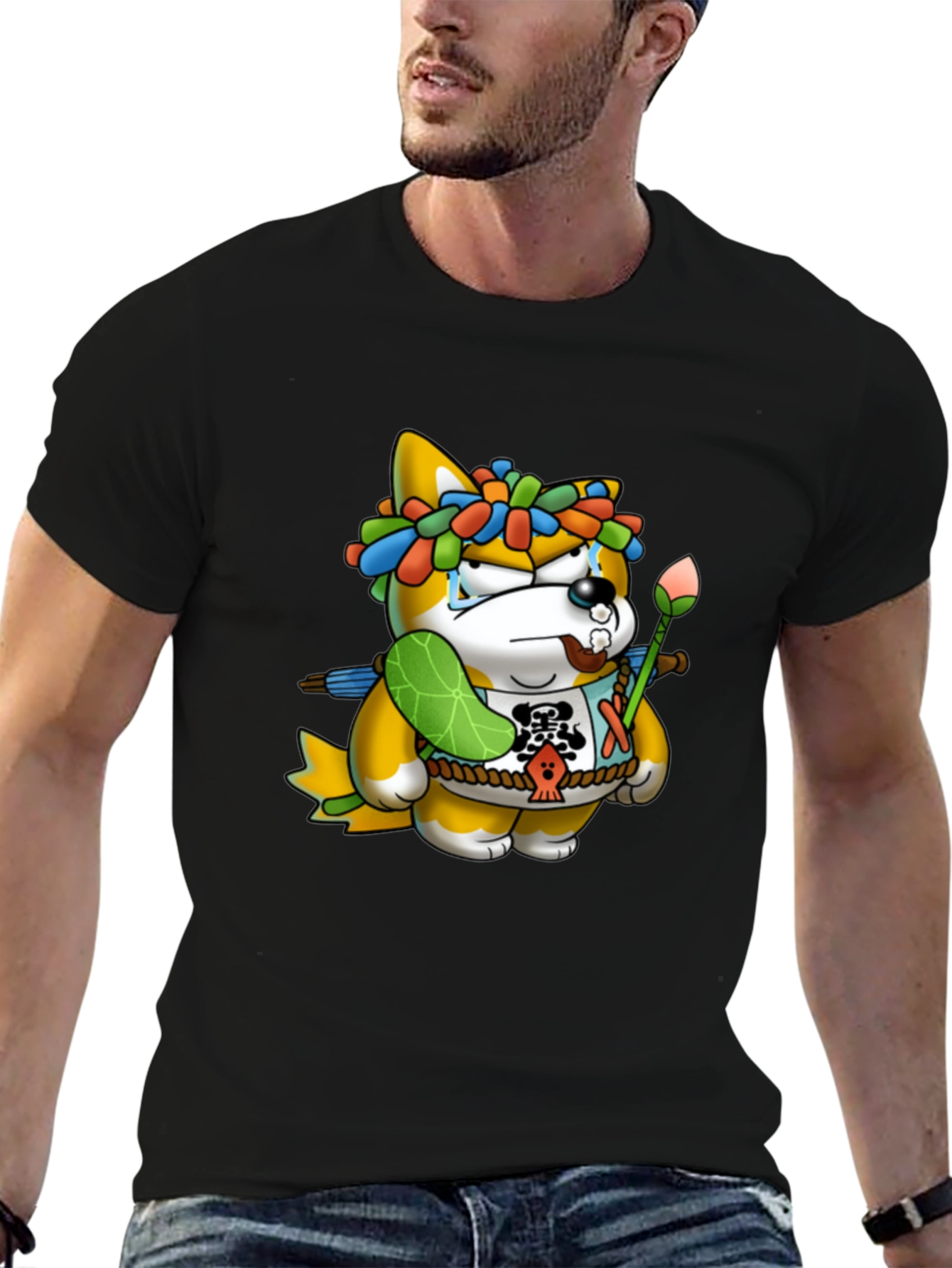 Shiba Inu Cartoon Graphic Black T-Shirt