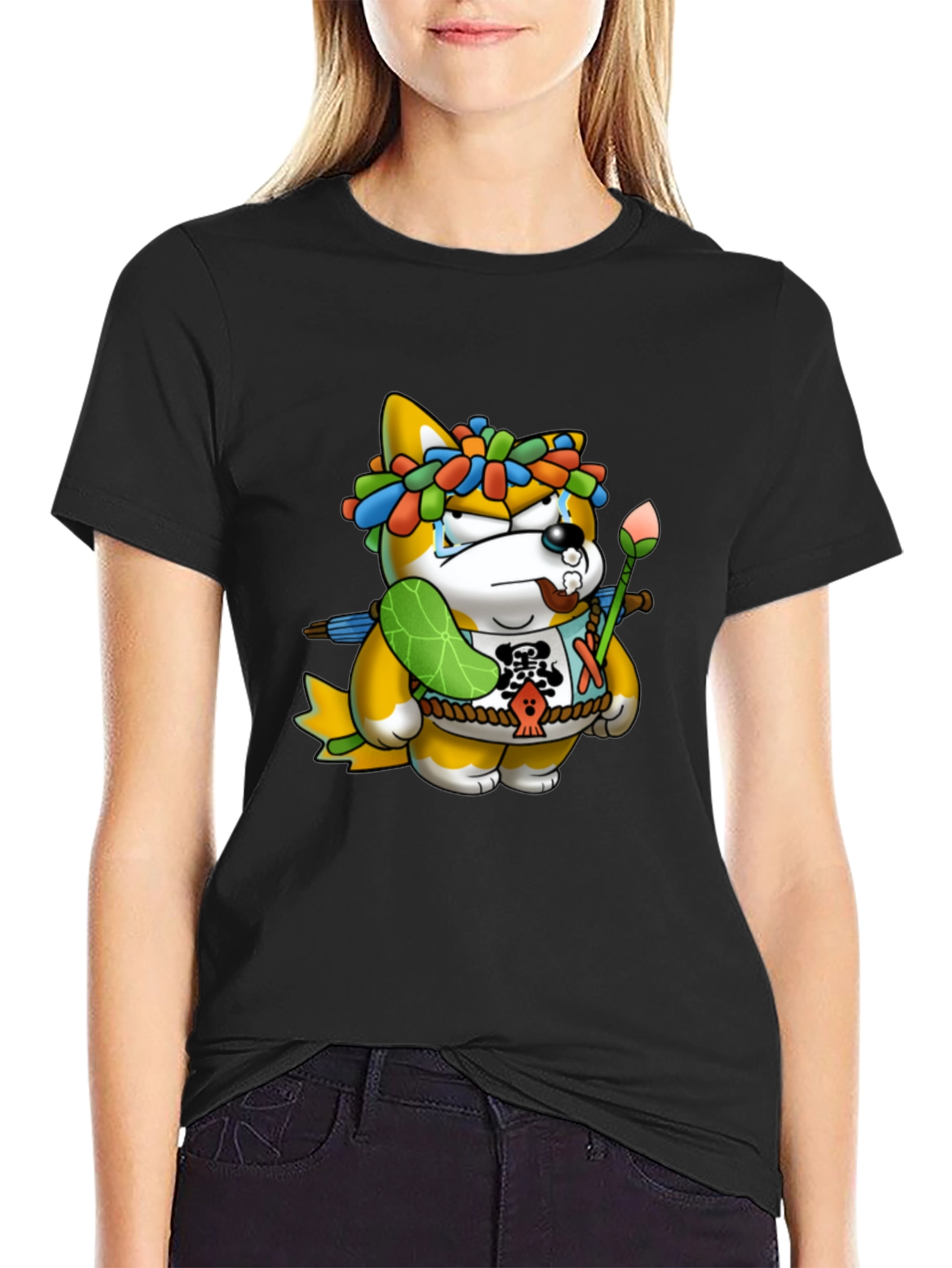 Shiba Inu Cartoon Graphic Black T-Shirt