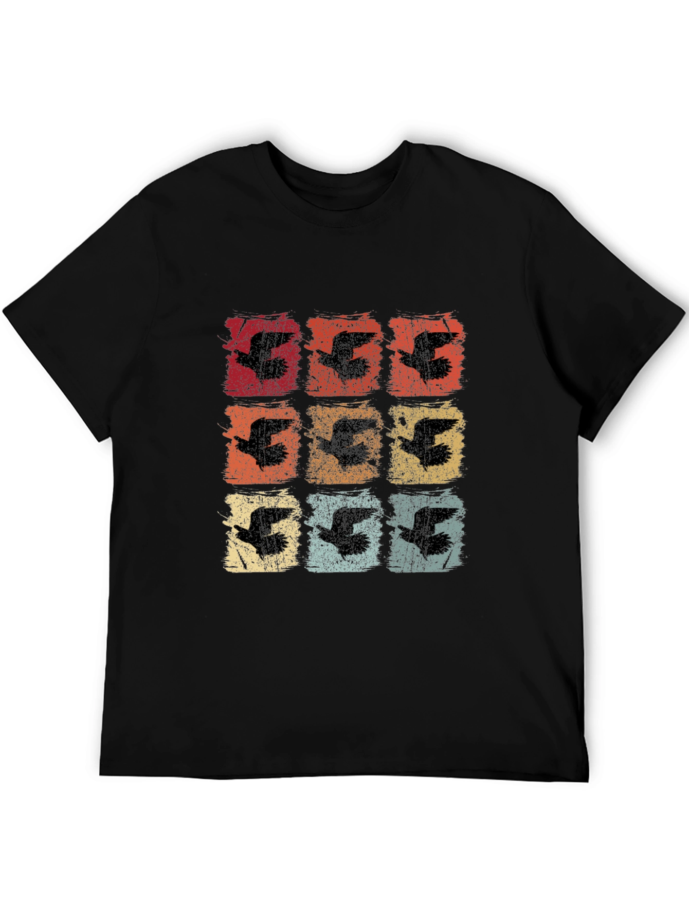 Retro Birds Graphic Print Black T-Shirt