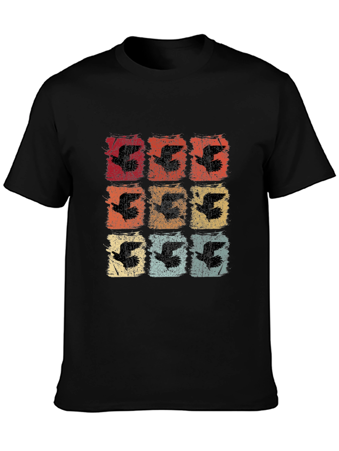 Retro Birds Graphic Print Black T-Shirt