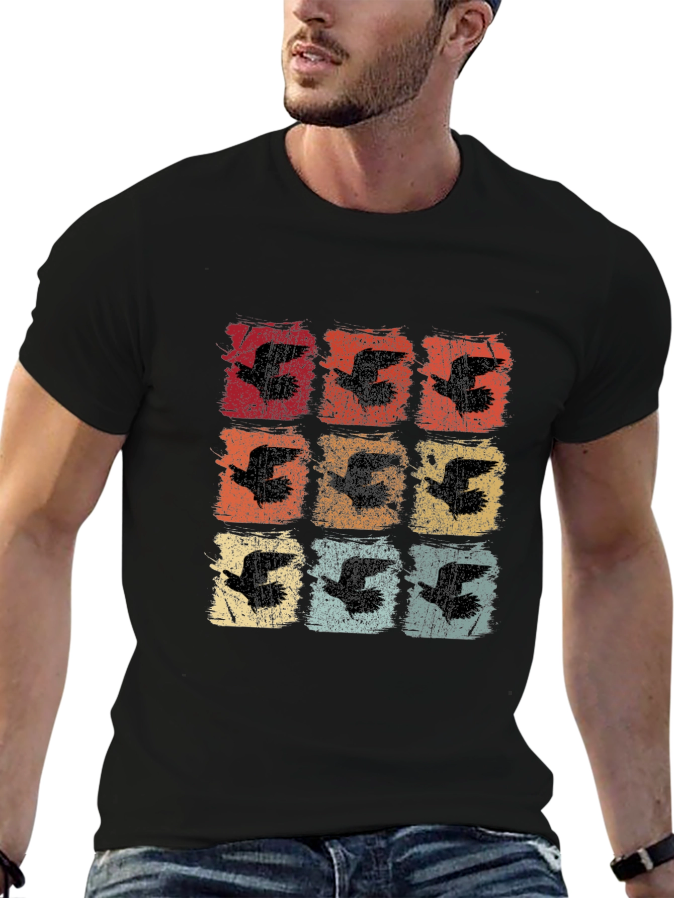 Retro Birds Graphic Print Black T-Shirt