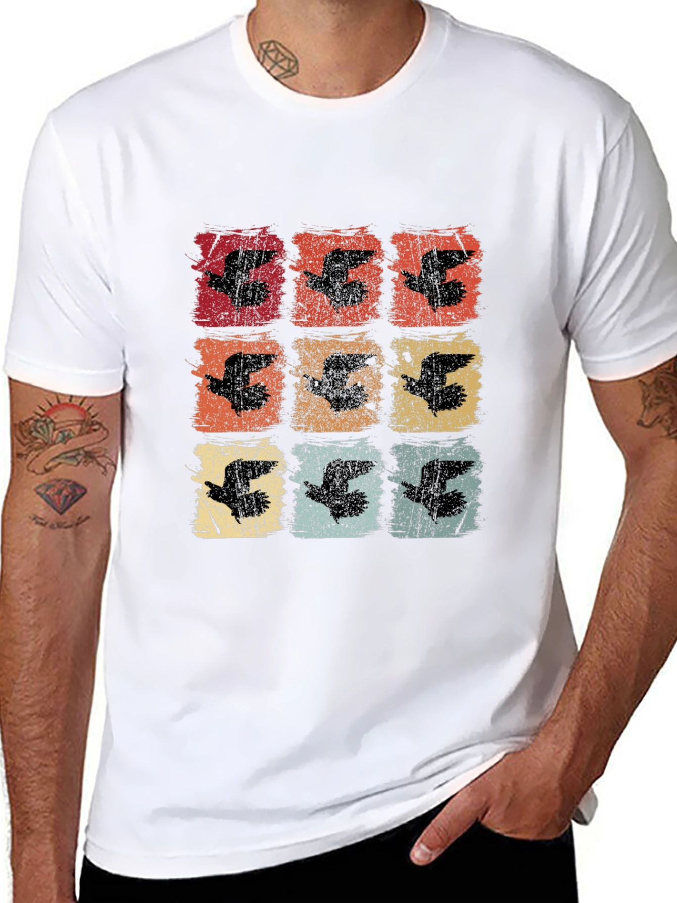 Retro Birds Graphic Print Black T-Shirt