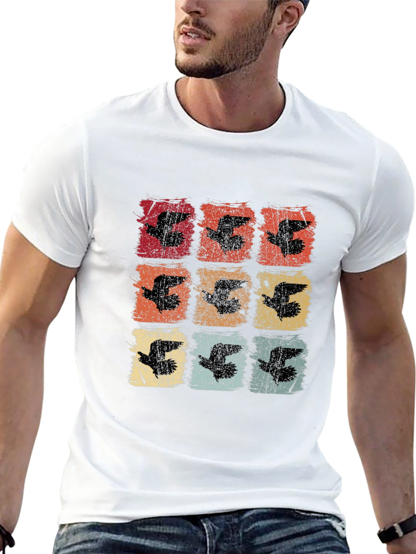 Retro Birds Graphic Print Black T-Shirt