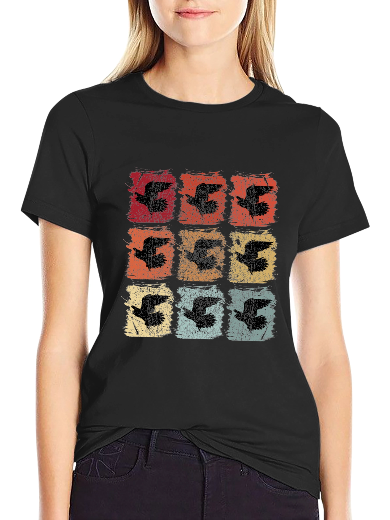 Retro Birds Graphic Print Black T-Shirt