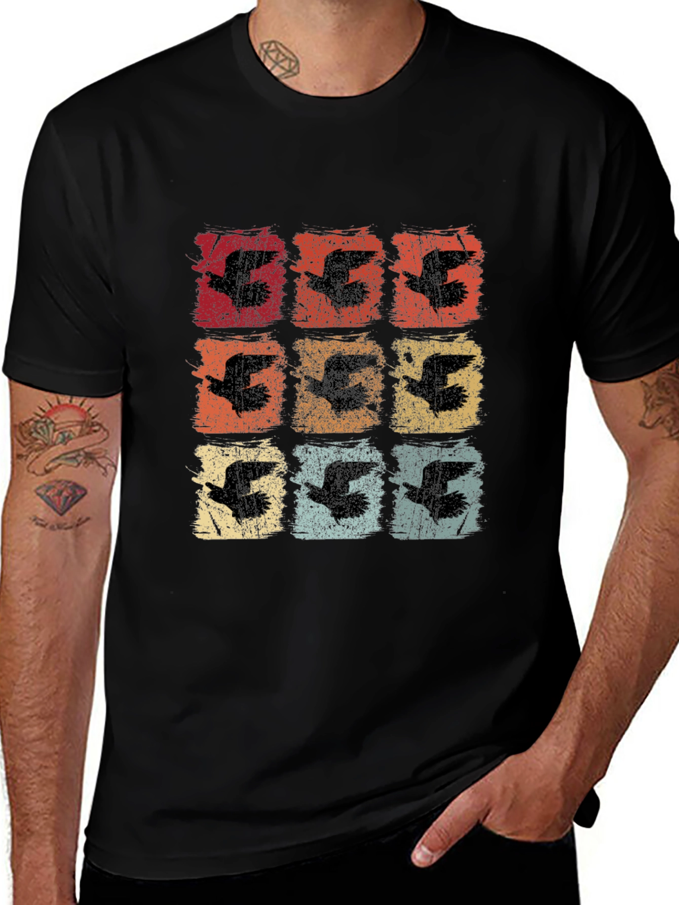 Retro Birds Graphic Print Black T-Shirt