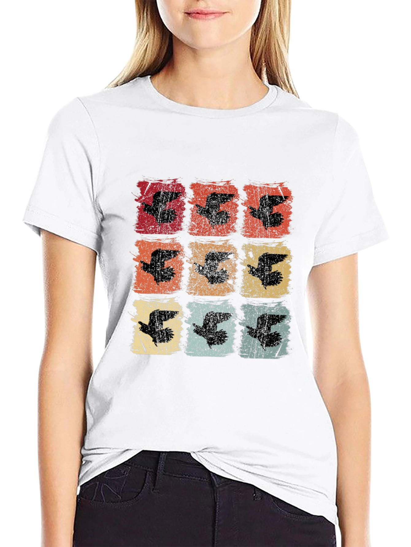 Retro Birds Graphic Print Black T-Shirt