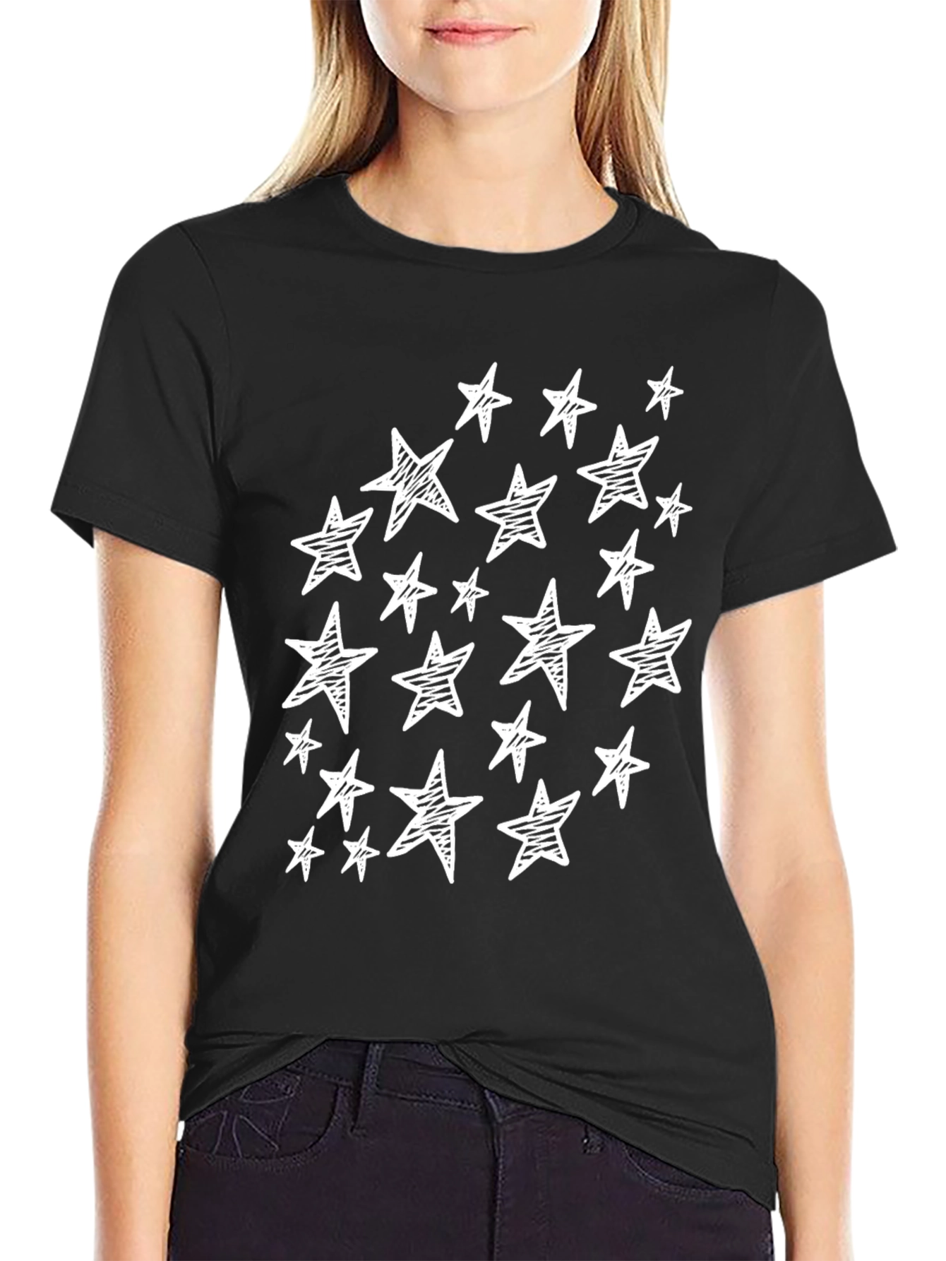 Sketch Star T-Shirt - Black Crew Neck Casual Tee