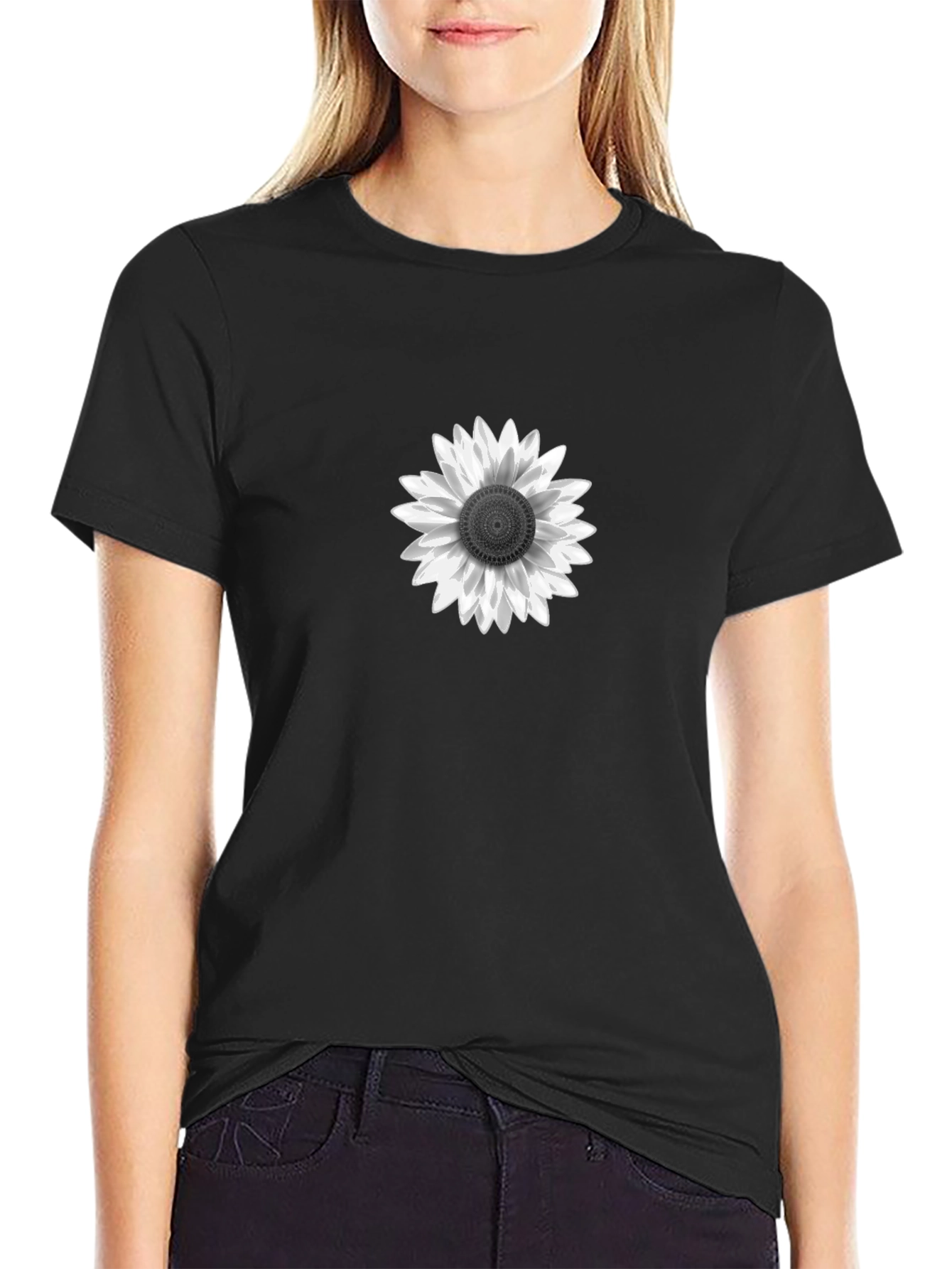 Black T-Shirt with White Sunflower Graphic