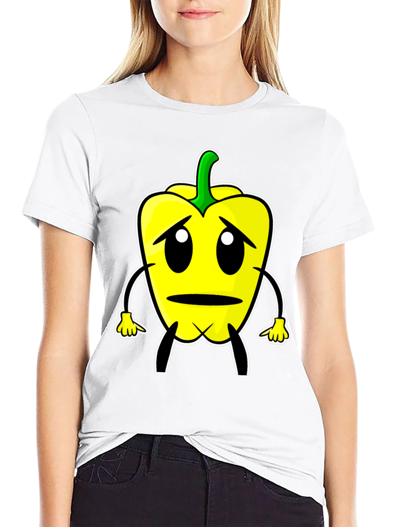 Sad Pepper Cartoon Graphic Tee - Black T-Shirt