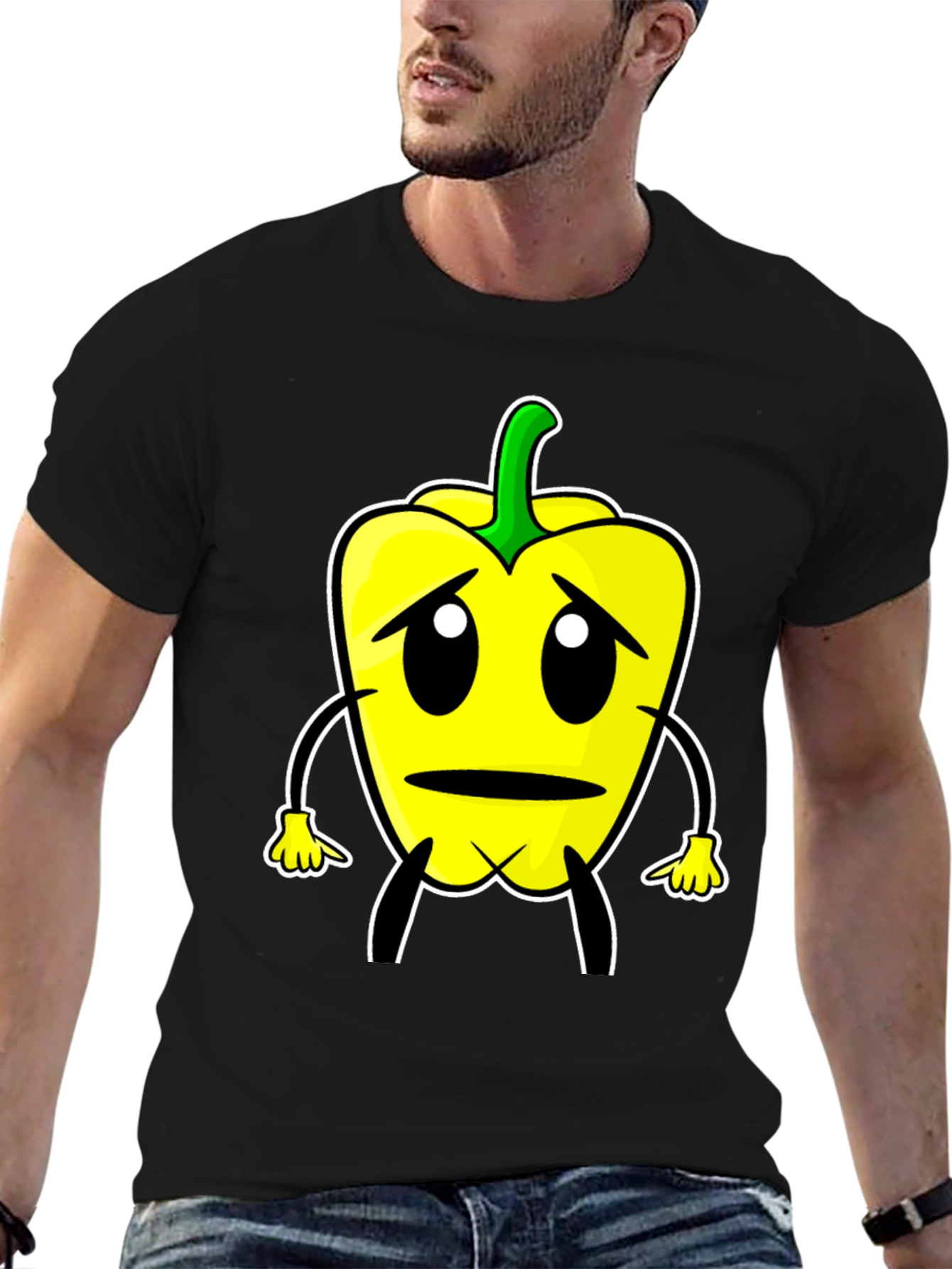 Sad Pepper Cartoon Graphic Tee - Black T-Shirt