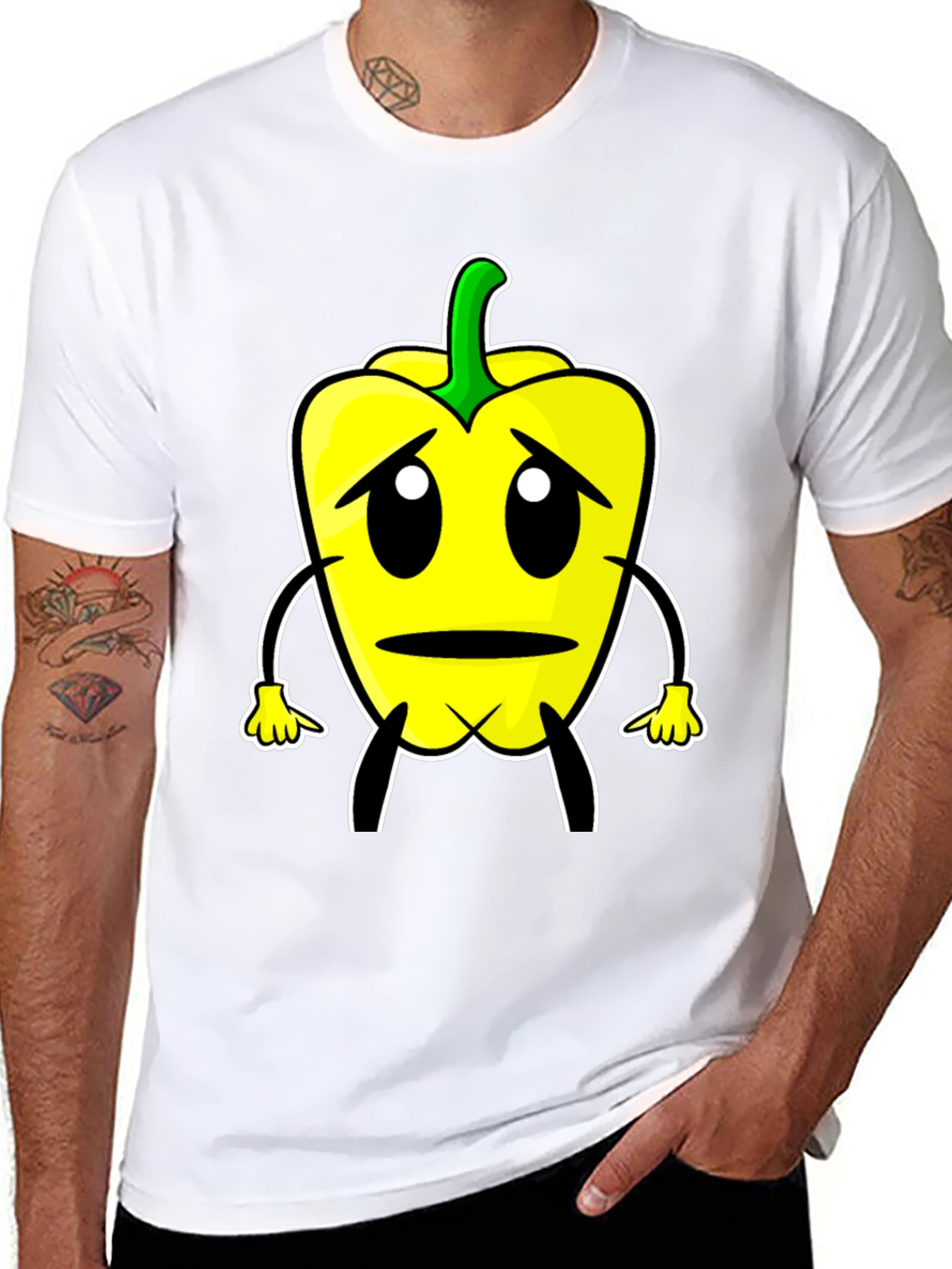 Sad Pepper Cartoon Graphic Tee - Black T-Shirt