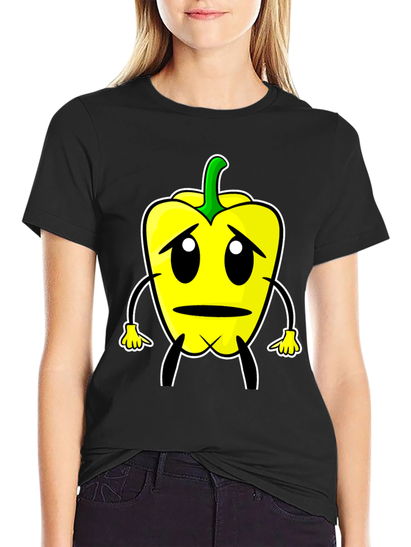 Sad Pepper Cartoon Graphic Tee - Black T-Shirt