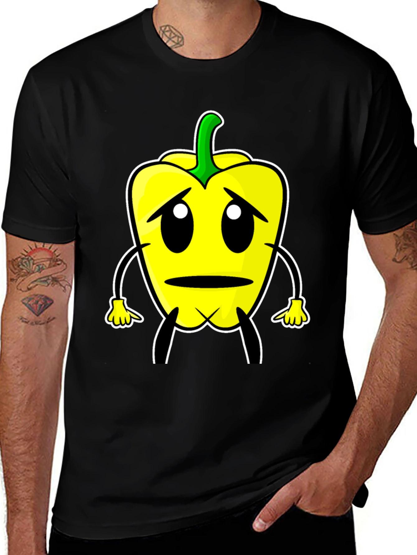 Sad Pepper Cartoon Graphic Tee - Black T-Shirt
