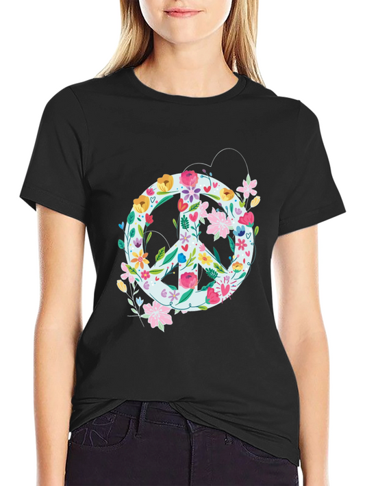 Floral Peace Sign Graphic Tee - Black