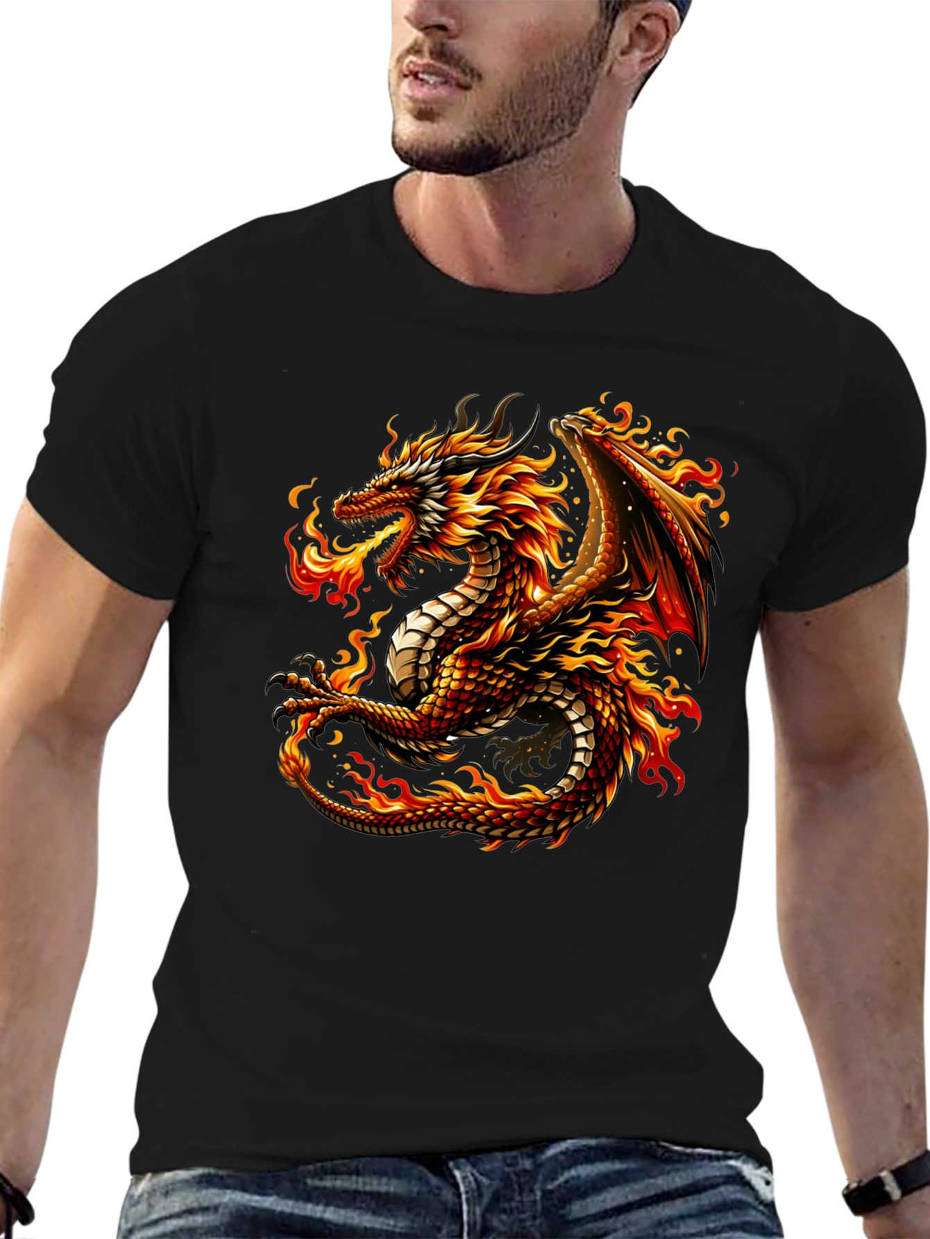 Fiery Dragon Graphic Tee - Black Cotton Comfort