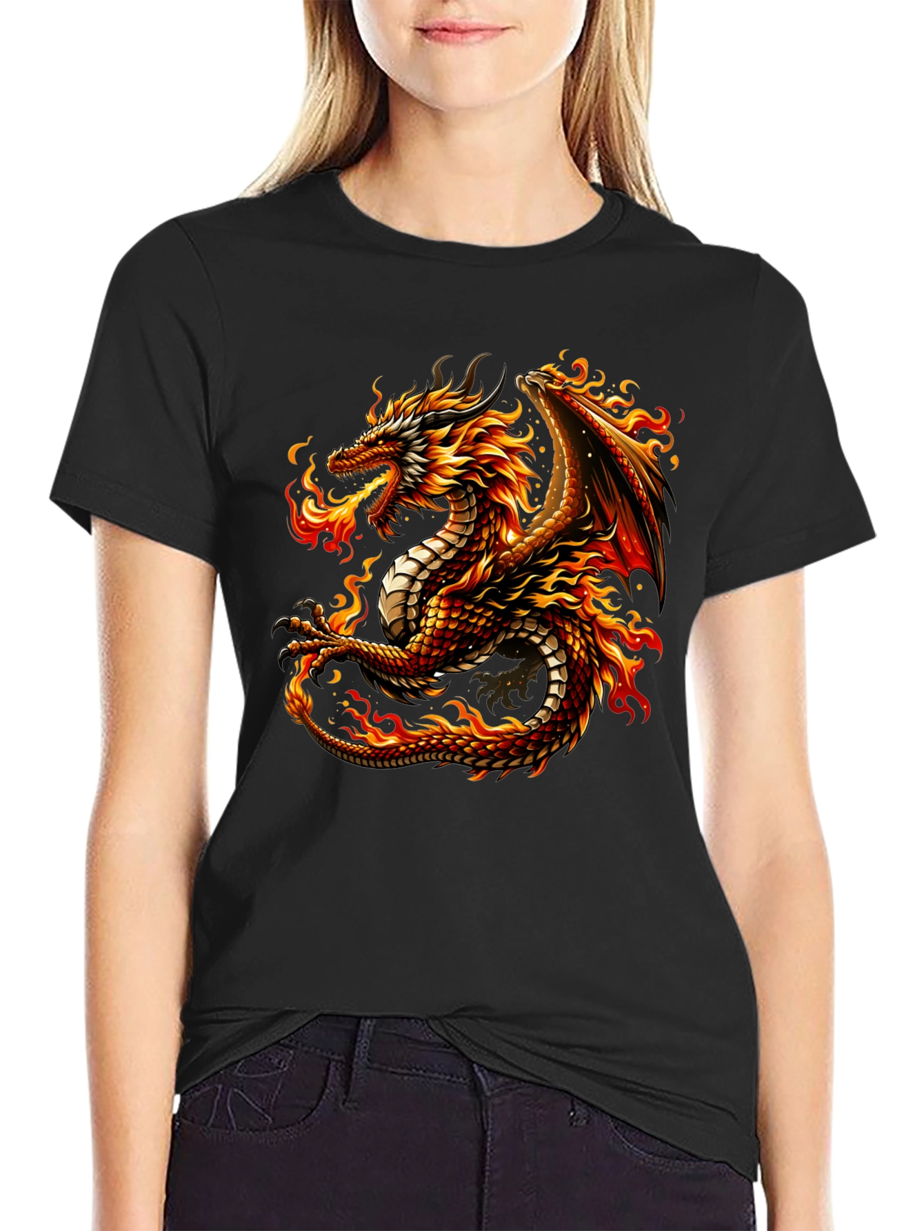 Fiery Dragon Graphic Tee - Black Cotton Comfort