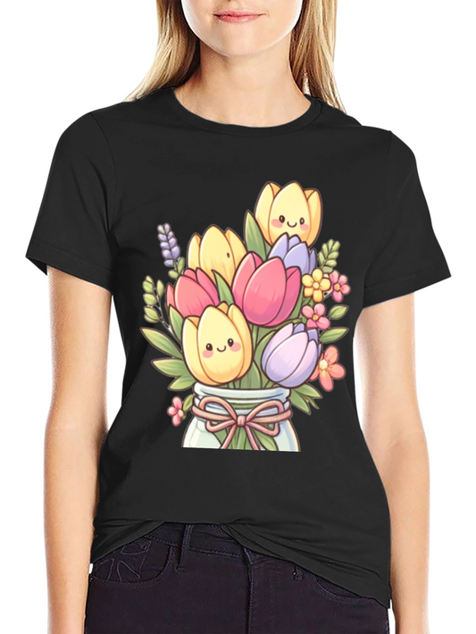 Floral Cartoon Graphic Tee - Cute Tulip Design