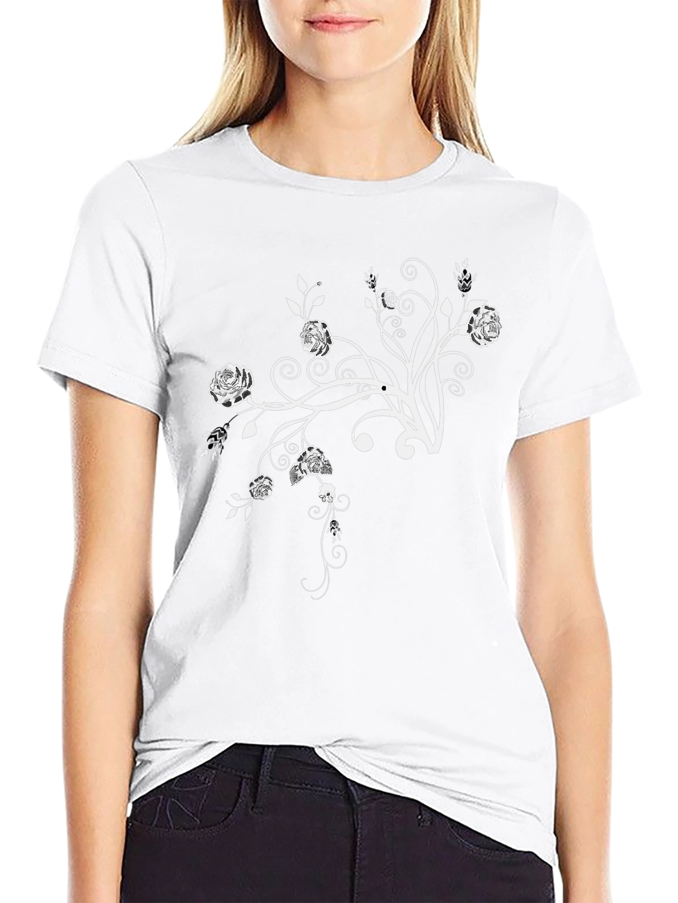 Floral Design Black Crew Neck T-Shirt