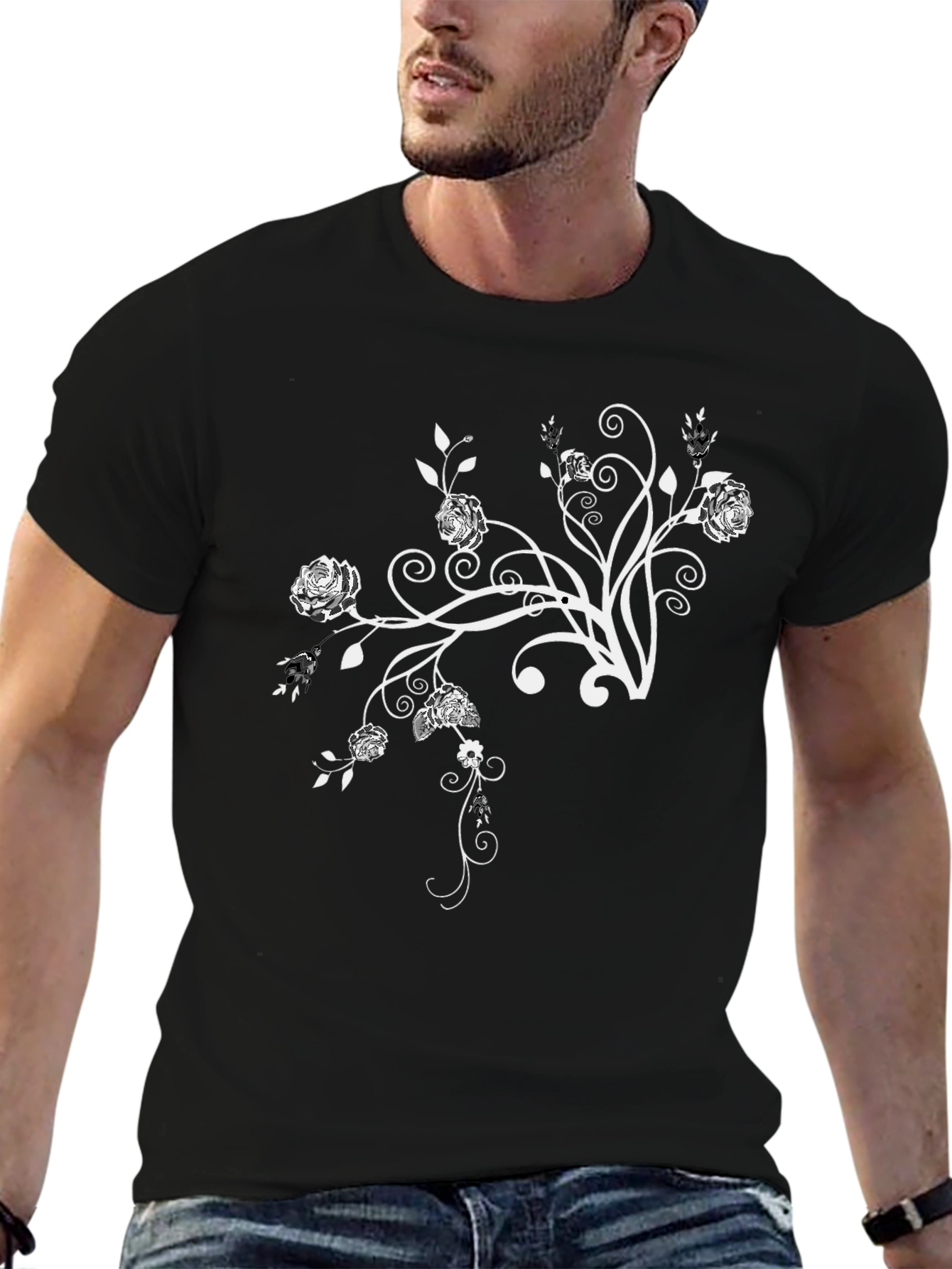 Floral Design Black Crew Neck T-Shirt