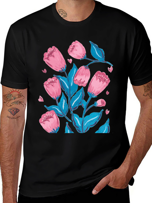 Floral Print Graphic Tee - Pink Flowers on Black