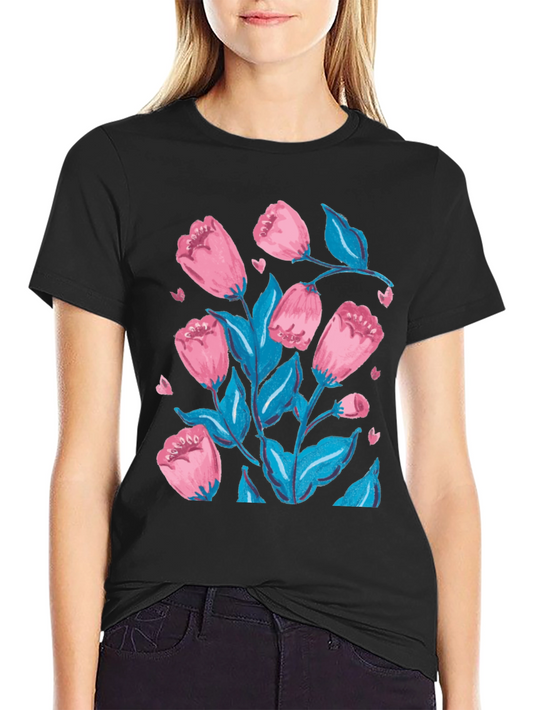 Floral Print Graphic Tee - Pink Flowers on Black