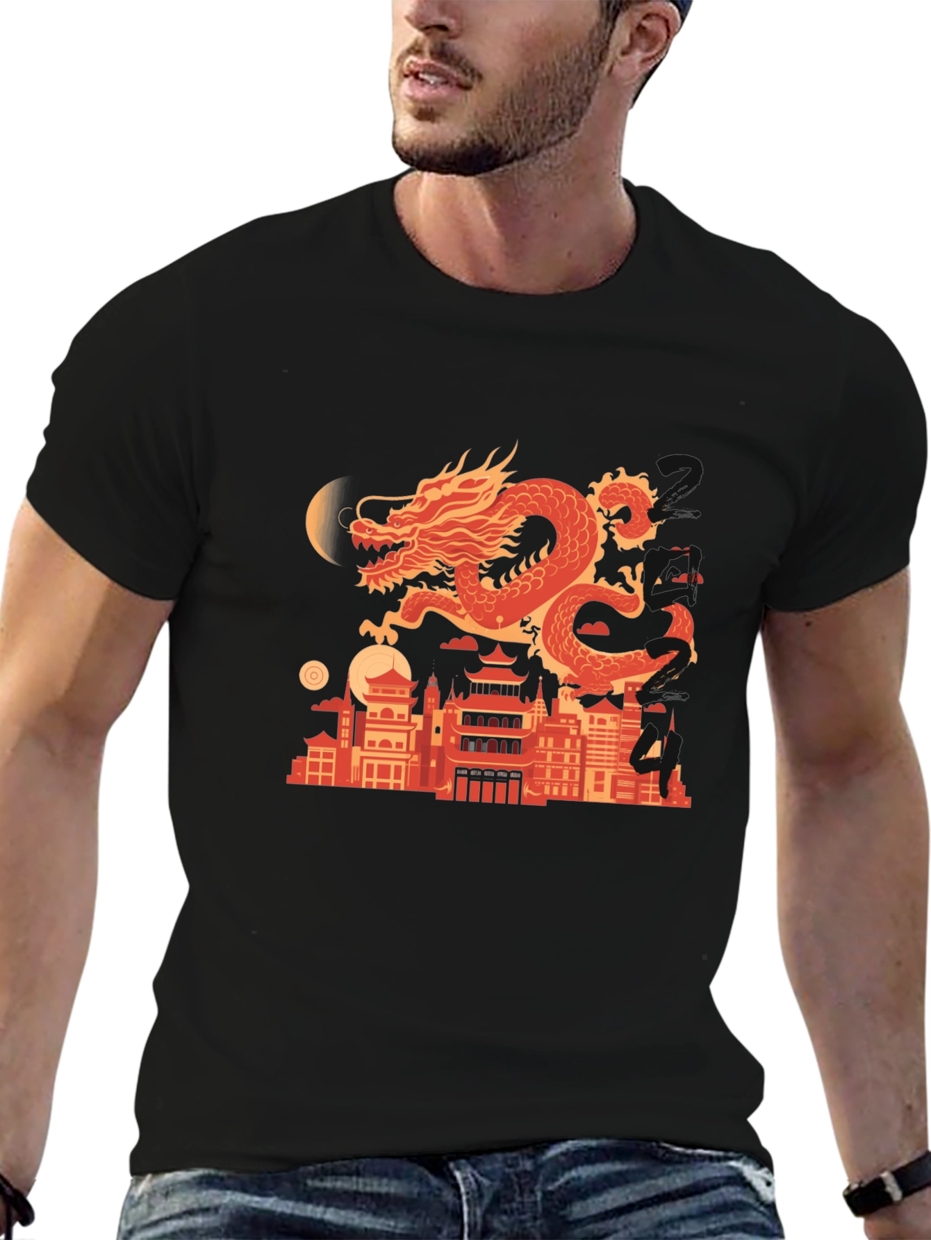 Dragon Cityscape Graphic Tee - Mens Black T-Shirt