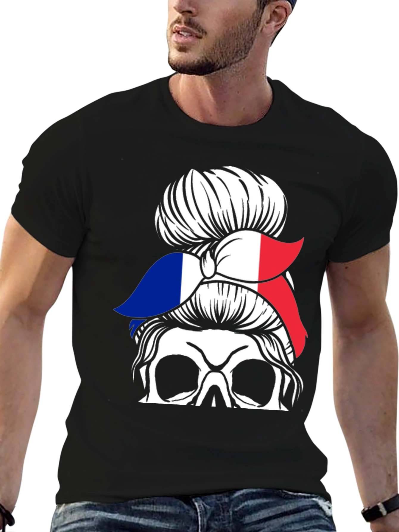 French Flag Messy Bun Skull T-Shirt