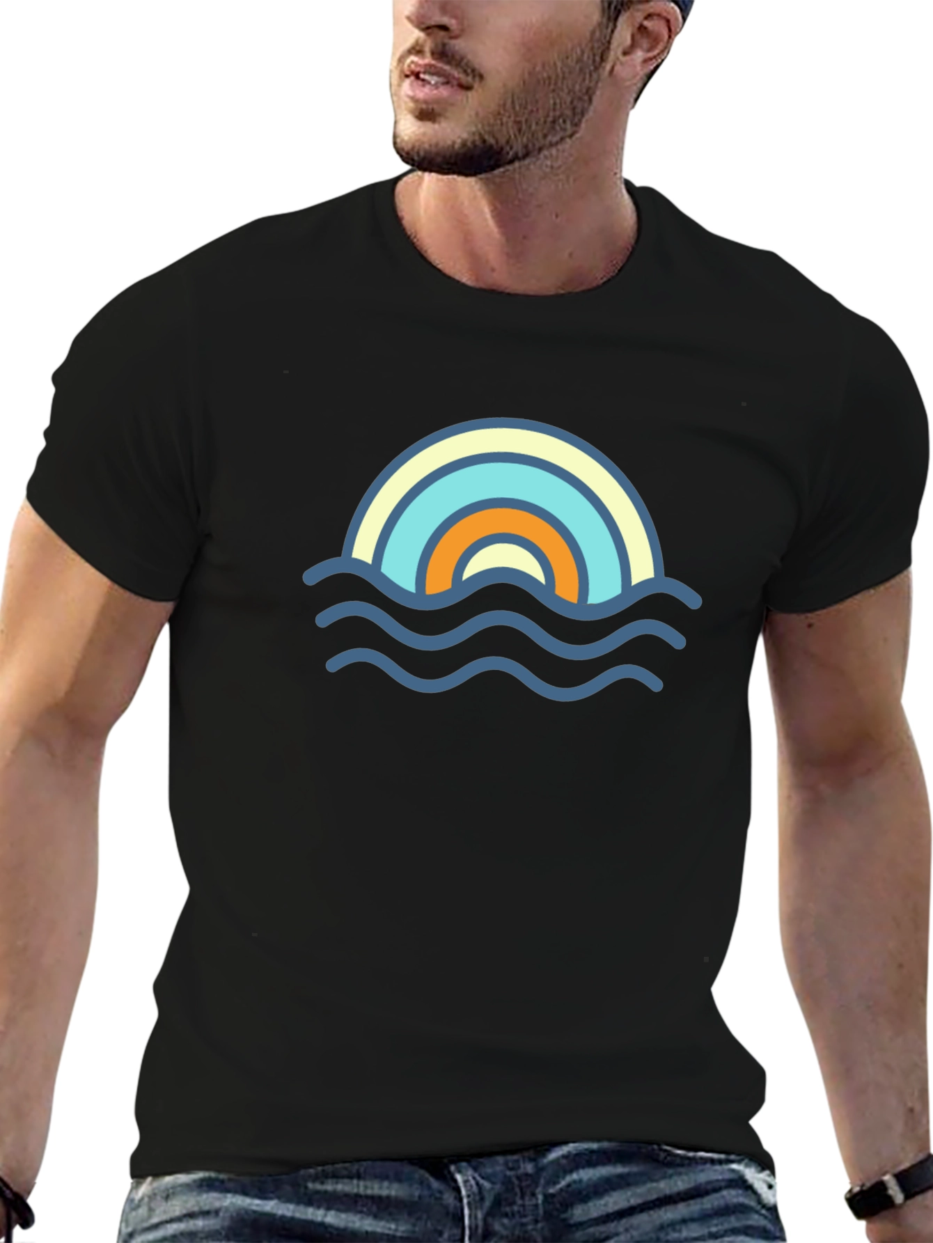 Rainbow Wave Graphic Tee - Stylish Black T-Shirt