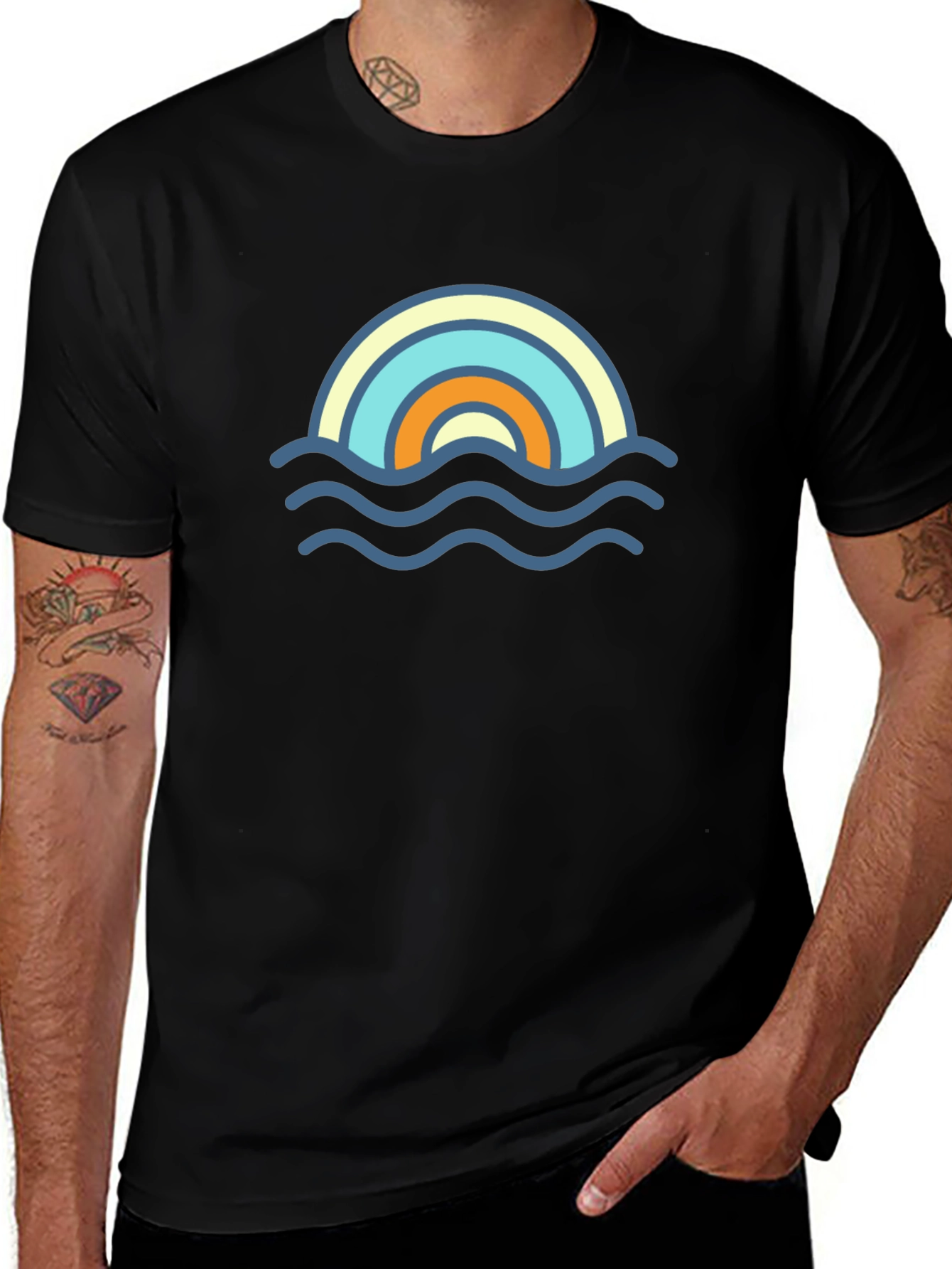 Rainbow Wave Graphic Tee - Stylish Black T-Shirt
