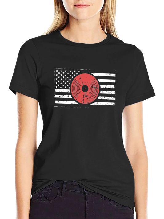 American Flag Vinyl Record Graphic Tee - Black Cotton