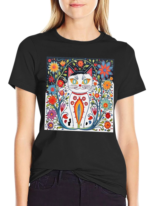 Floral Cat Art Black T-Shirt