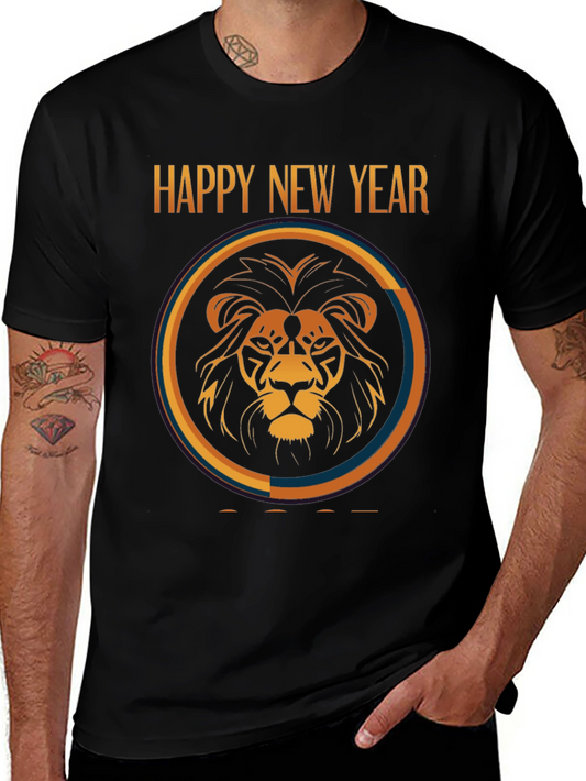 Happy New Year Lion Graphic Black T-Shirt
