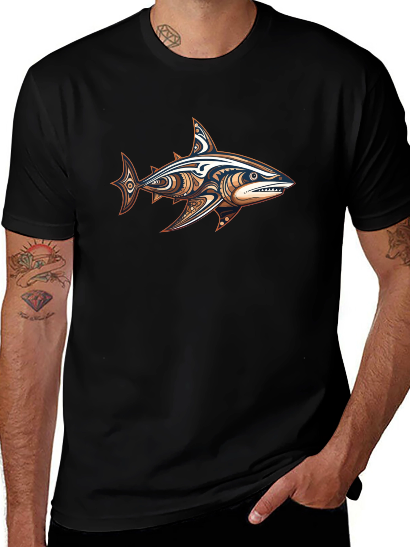 Tribal Shark Graphic Black T-Shirt