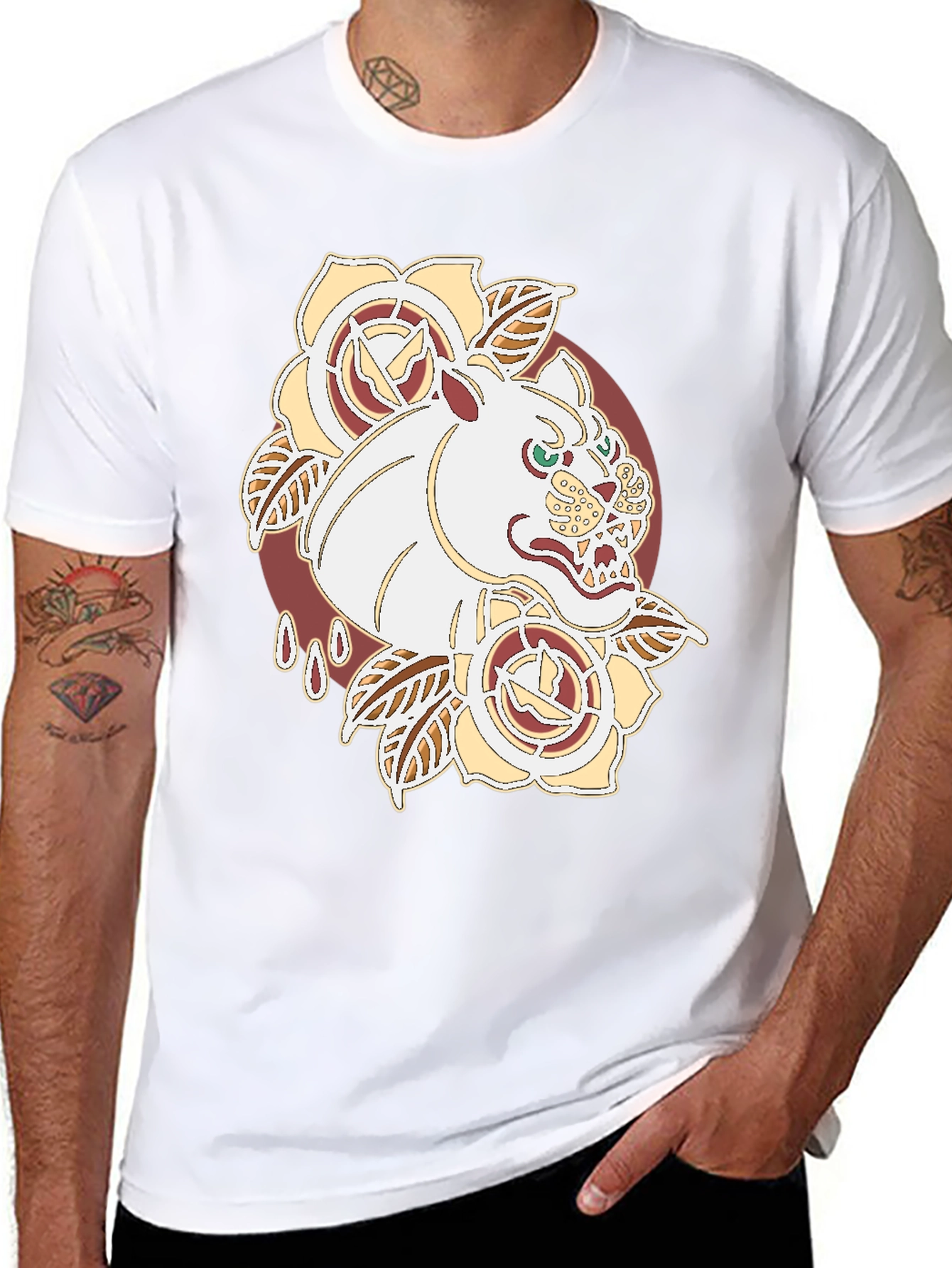 Tattoo Art Tee: Fierce Feline Floral Graphic T-Shirt