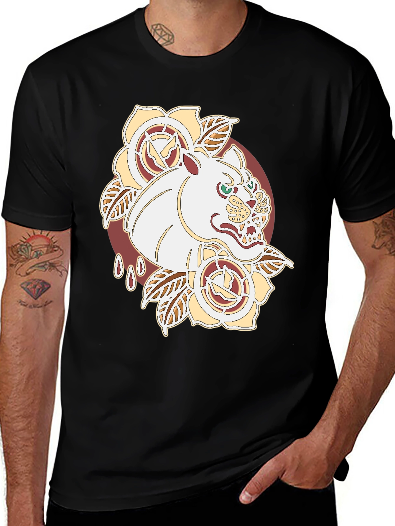 Tattoo Art Tee: Fierce Feline Floral Graphic T-Shirt