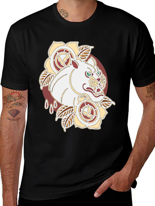 Tattoo Art Tee: Fierce Feline Floral Graphic T-Shirt