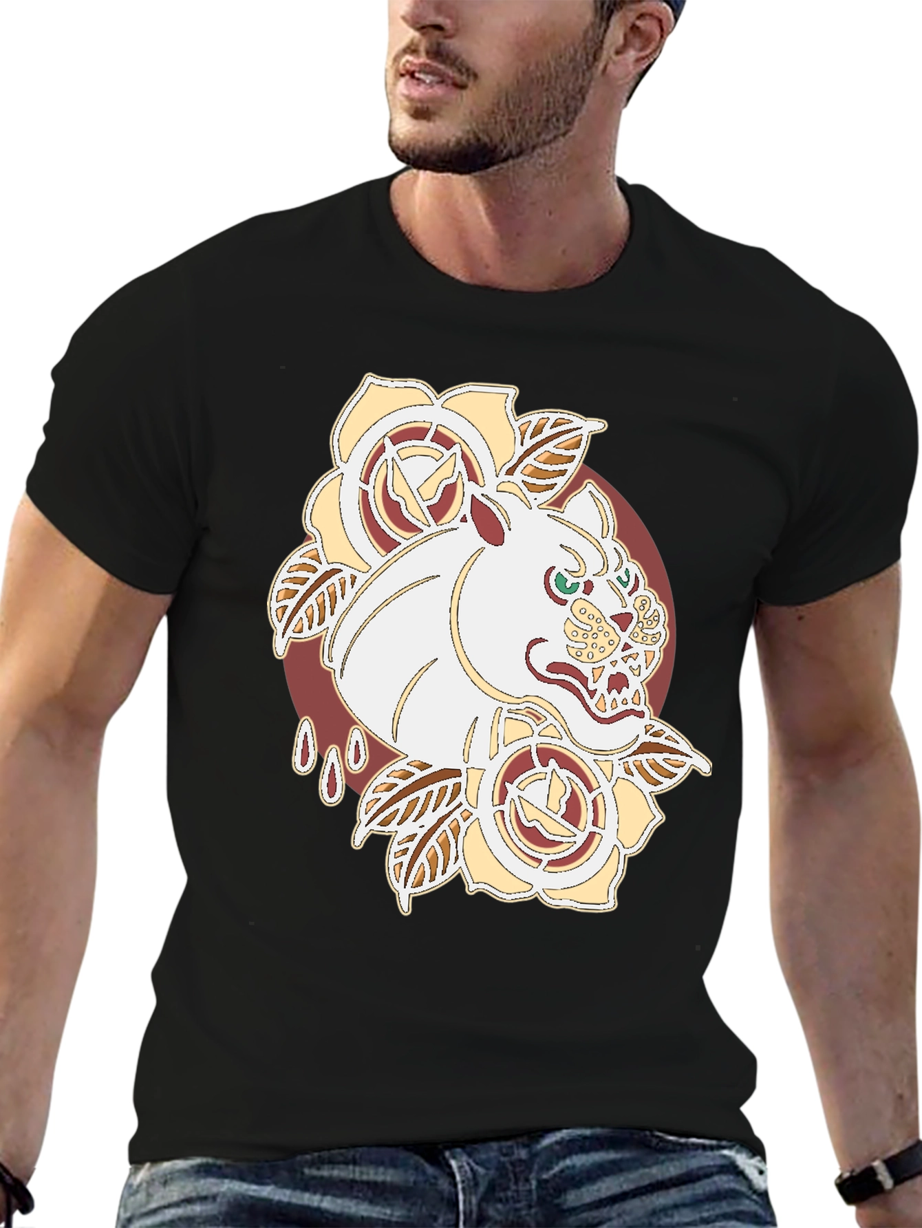 Tattoo Art Tee: Fierce Feline Floral Graphic T-Shirt